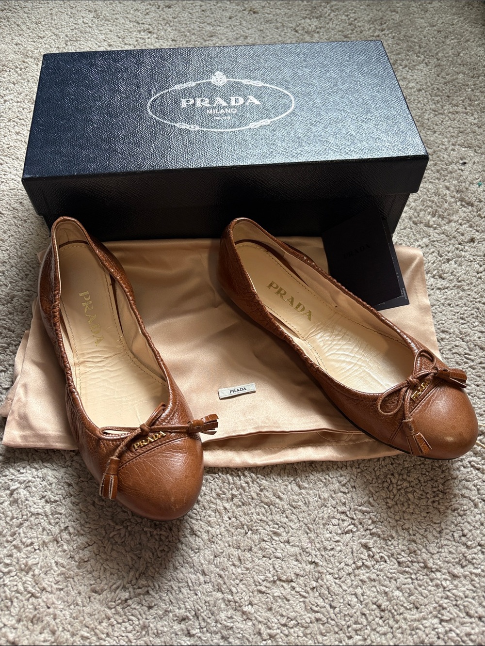 Prada Tan Leather Bow Ballet Flats